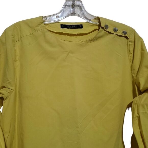Zara Yellow Tunic Dress Shirt With Ruched Sleeves & Pockets Women's Size Small - Picture 7 of 9
